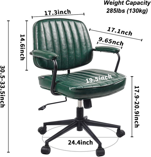 Artswish Mid Century Office Desk Chair - Green Leather Home Office Chair with Wheels and Arms