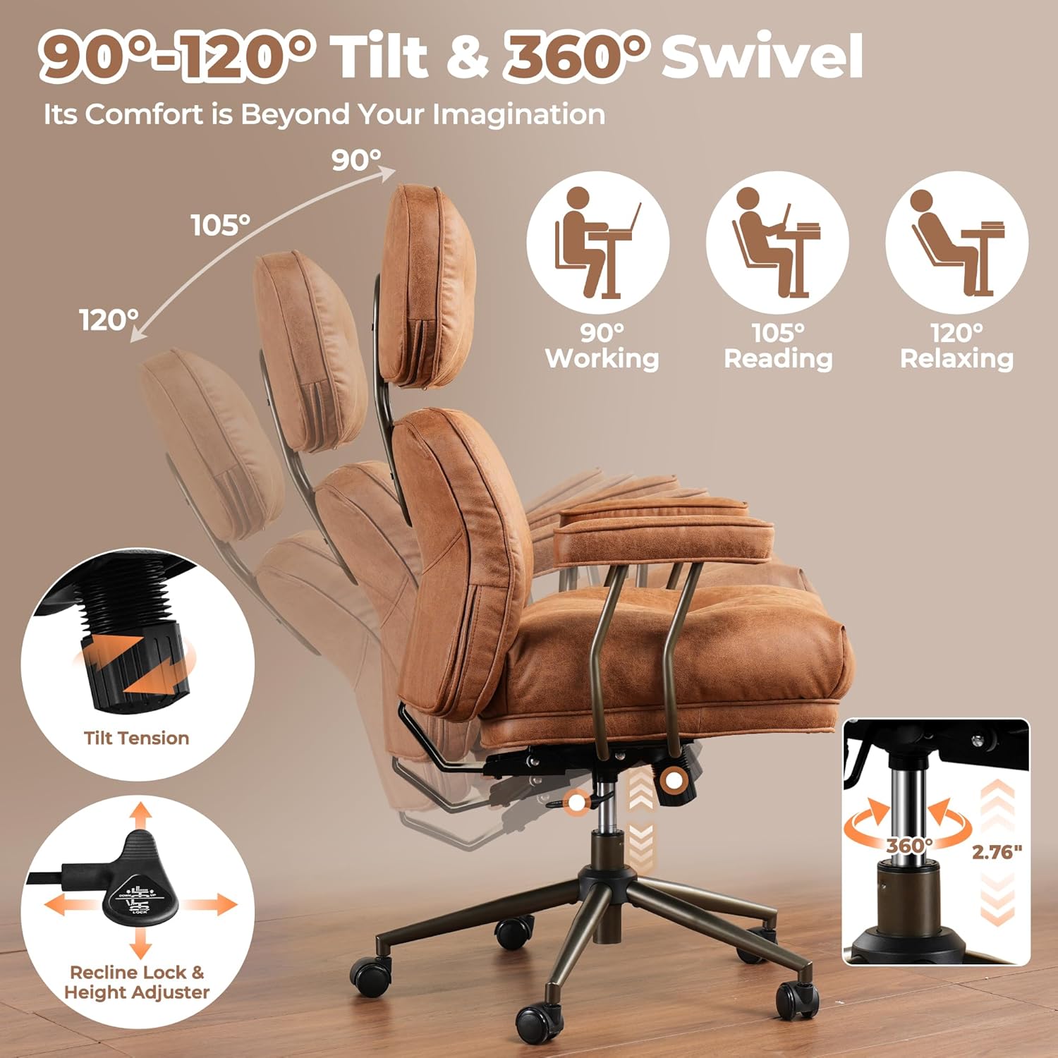 ovios Ergonomic Office Chair, High Back Faux Leather Executive Chairs with Thick Cushion, Comfy Mid-Century Modern Swivel Rolling Computer Armchair (Brown, Suede Leather)